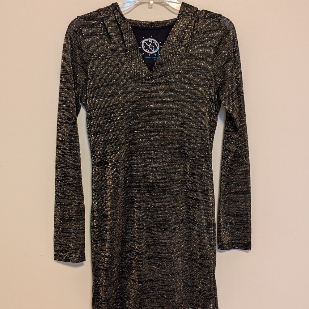Blue Life gold and black hooded mini bodycon dress Medium EUC fully lined